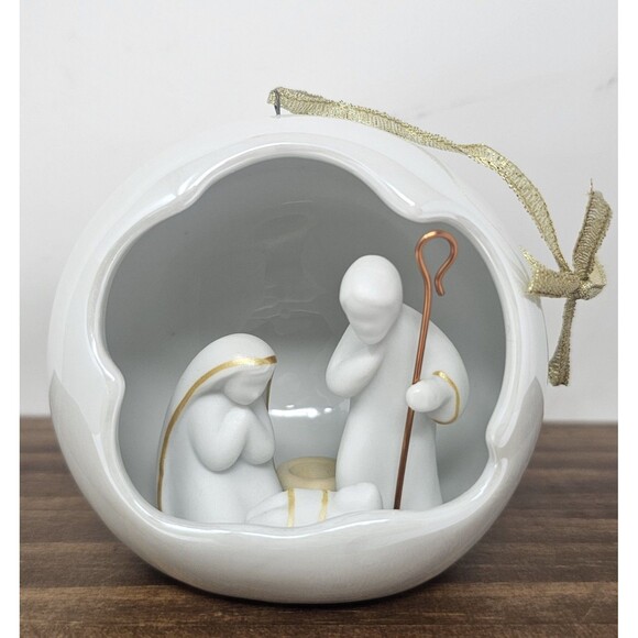 Apple Tree Designs Holy Nativity Scene Porcelain White & Gold Lighted Ornament - Picture 1 of 10